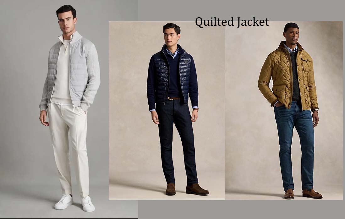 An image of three men wearing Quilted Jackets in various colors and styling as formal, casual and sporty look